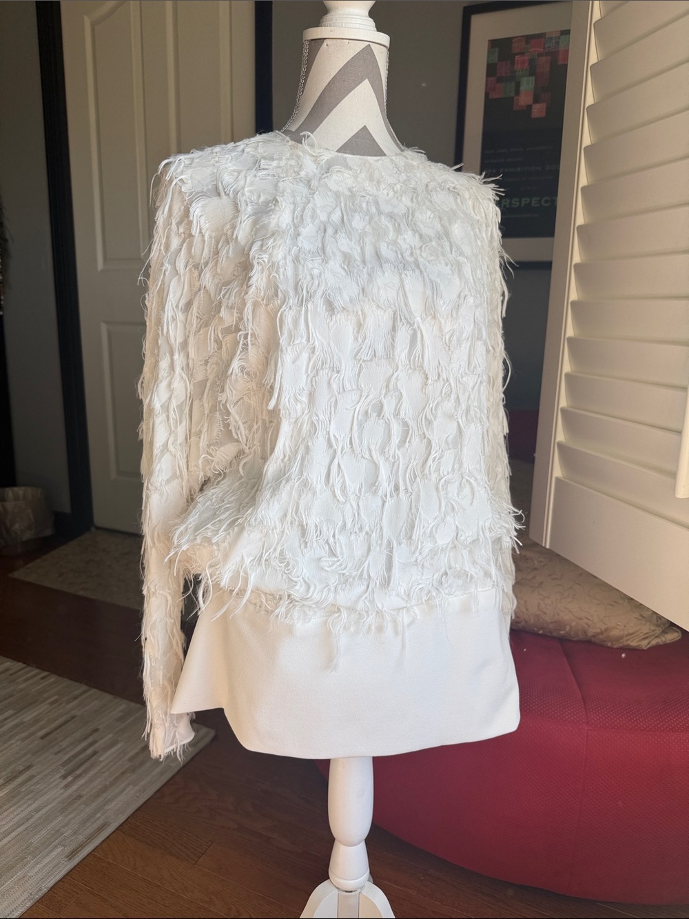 Chloe White Textured Fringe Crewneck Sweater/Blouse